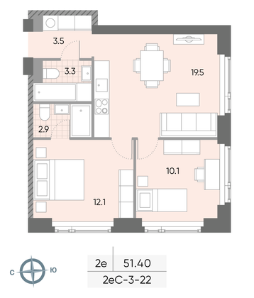 Продажа 2-комнатной квартиры 51,4 м², 22/52 этаж