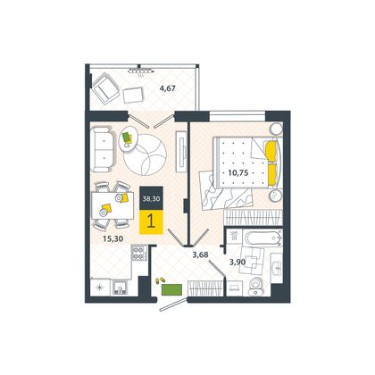 Продажа 1-комнатной квартиры 38,3 м², 1/8 этаж
