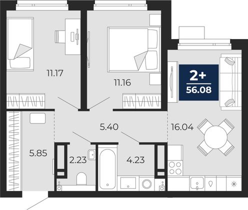 56,1 м², 2-комн. квартира, 2/22 этаж