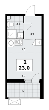 23 м², своб. планировка, 2/14 этаж