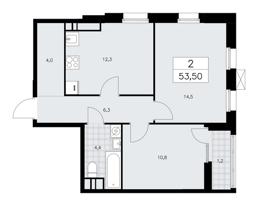 53,5 м², 2-комн. квартира, 15/18 этаж