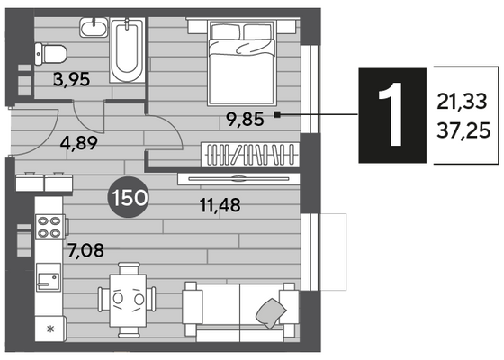 Продажа 1-комнатной квартиры 37,3 м², 9/10 этаж