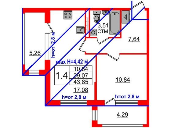 Продажа 1-комнатной квартиры 39,1 м², 4/4 этаж