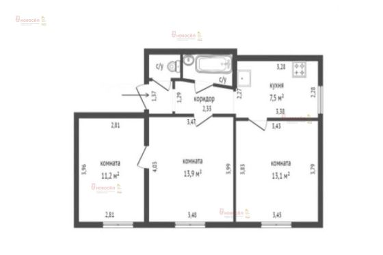 Продажа 3-комнатной квартиры 62 м², 2/2 этаж