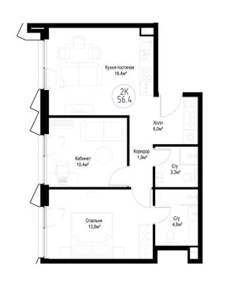 Продажа 2-комнатной квартиры 56,4 м², 23/30 этаж