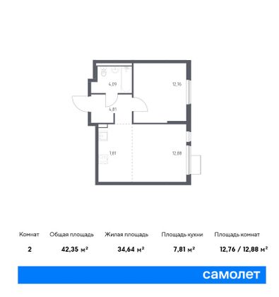 42,3 м², 1-комн. квартира, 12/17 этаж