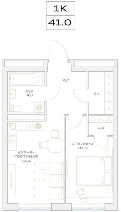 Продажа 1-комнатной квартиры 39,8 м², 5/23 этаж