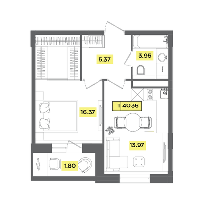40,4 м², 2-комн. квартира, 3 этаж