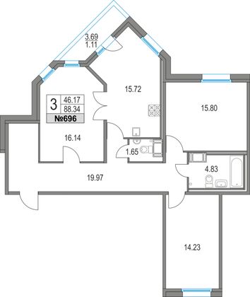 Продажа 3-комнатной квартиры 88,3 м², 6/25 этаж