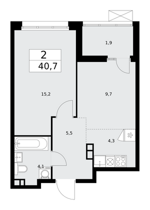 40,7 м², 2-комн. квартира, 3/15 этаж