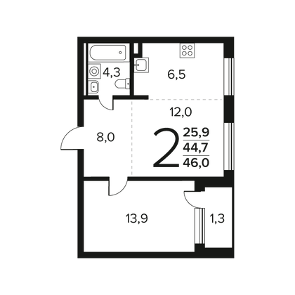 Продажа 2-комнатной квартиры 46 м², 1/12 этаж