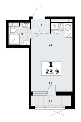 23,9 м², своб. планировка, 5/9 этаж