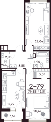 79,8 м², 2-комн. квартира, 7/8 этаж