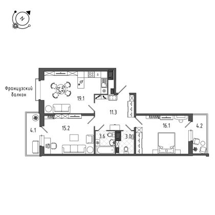 73,2 м², 2-комн. квартира, 9/12 этаж