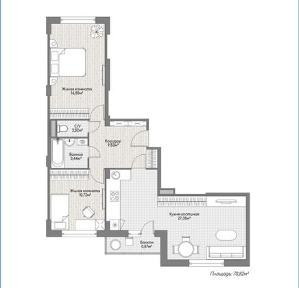 Продажа 2-комнатной квартиры 70,8 м², 10/10 этаж