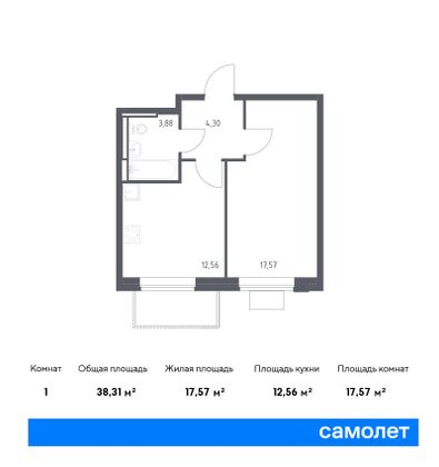 38,3 м², 1-комн. квартира, 2/12 этаж