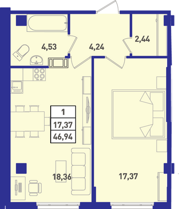Продажа 1-комнатной квартиры 45,6 м², 4/18 этаж