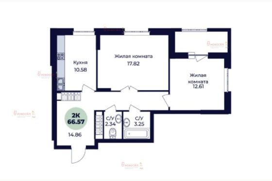 Продажа 2-комнатной квартиры 67 м², 5/22 этаж