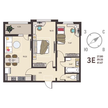 61,7 м², 2-комн. квартира, 1/18 этаж