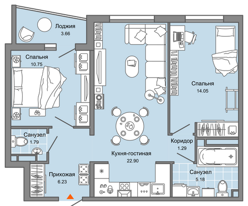 64 м², 3-комн. квартира, 8/9 этаж