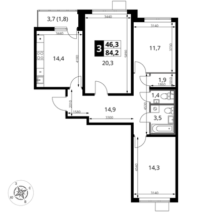 84,2 м², 3-комн. квартира, 13/25 этаж