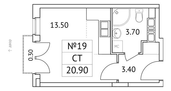 20,9 м², студия, 2/11 этаж