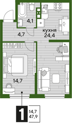 Продажа 1-комнатной квартиры 47,9 м², 6/16 этаж