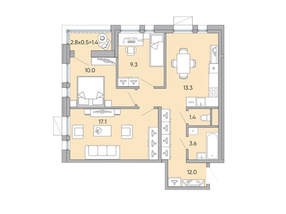 68,1 м², 3-комн. квартира, 3/18 этаж
