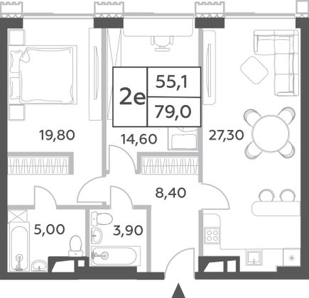 54,8 м², 2-комн. квартира, 44/52 этаж