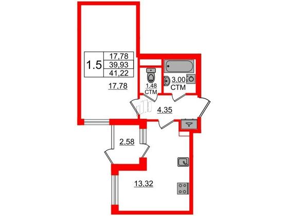 Продажа 1-комнатной квартиры 39,9 м², 1/4 этаж