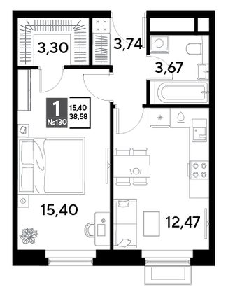Продажа 1-комнатной квартиры 38,6 м², 12/25 этаж