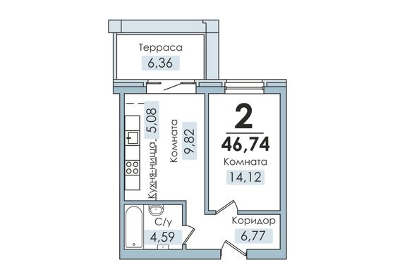 46,7 м², своб. планировка, 1/6 этаж