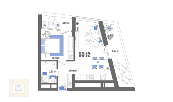 Продажа 1-комнатной квартиры 53,1 м², 8/22 этаж