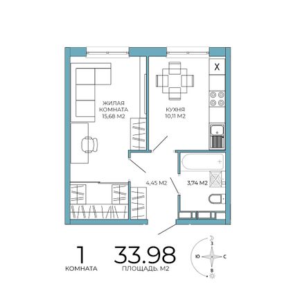 34 м², 1-комн. квартира, 6/18 этаж