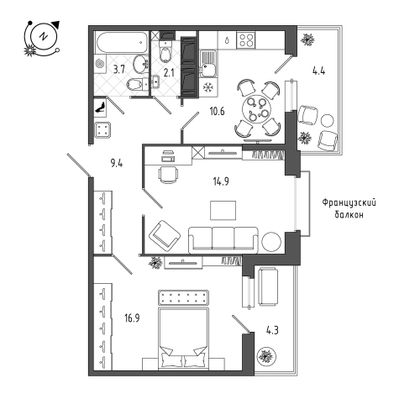 62,1 м², 2-комн. квартира, 7/12 этаж