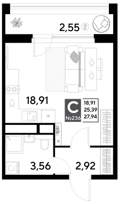 Продажа квартиры-студии 27,9 м², 20/25 этаж