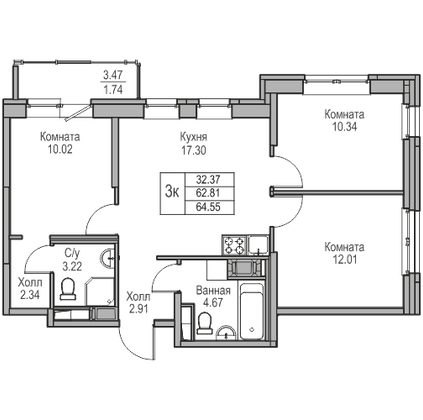 62,8 м², 3-комн. квартира, 3/23 этаж