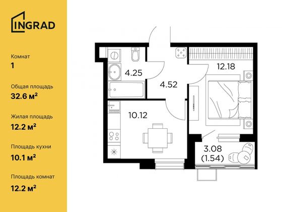 33,6 м², 1-комн. квартира, 10/15 этаж