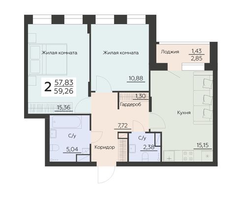 Продажа 2-комнатной квартиры 59,3 м², 9 этаж