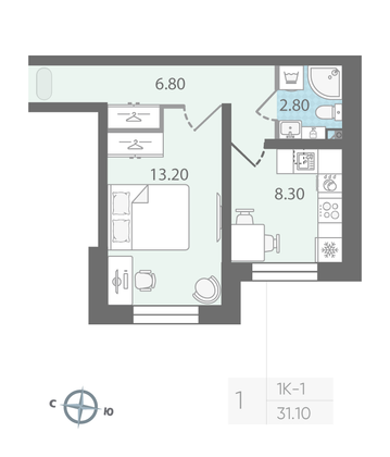 Продажа 1-комнатной квартиры 31,1 м², 2/25 этаж