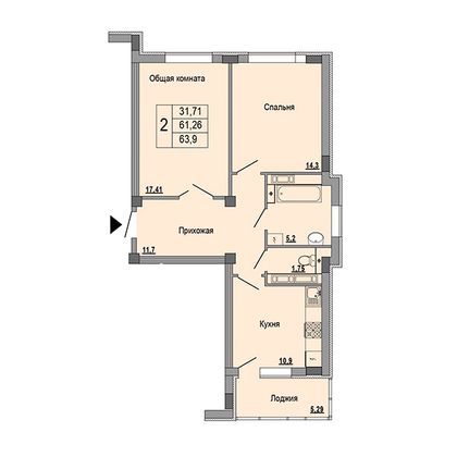 Продажа 2-комнатной квартиры 63,9 м², 2 этаж