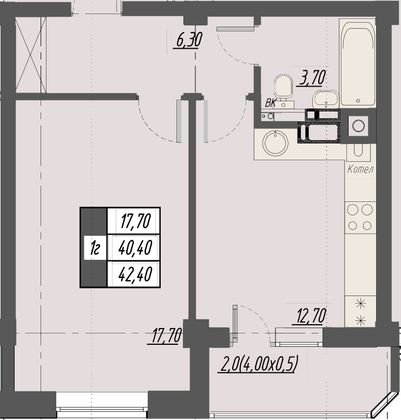 42,4 м², 1-комн. квартира, 6/8 этаж