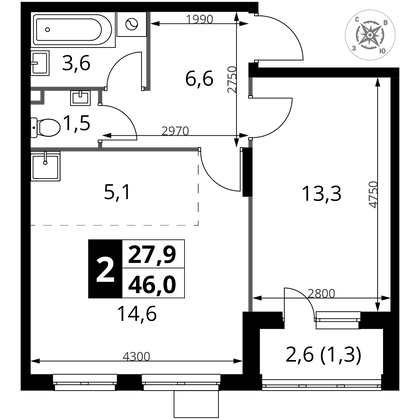 46 м², 2-комн. квартира, 2/24 этаж