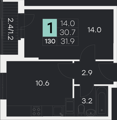 31,9 м², 1-комн. квартира, 8/9 этаж