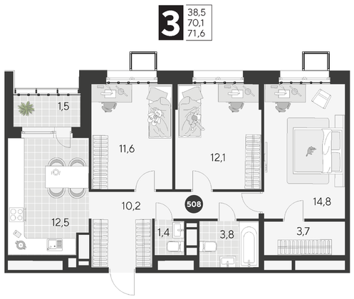 Продажа 3-комнатной квартиры 71,6 м², 9/21 этаж