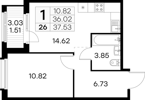 37,5 м², 1-комн. квартира, 4/15 этаж