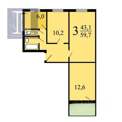 Продажа 3-комнатной квартиры 59 м², 2/9 этаж