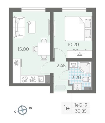 Продажа 1-комнатной квартиры 30,9 м², 15/25 этаж