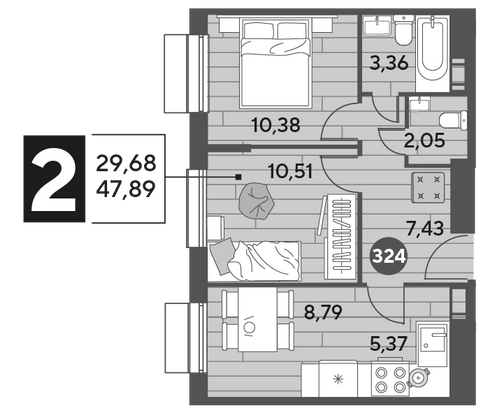 Продажа 2-комнатной квартиры 47,9 м², 9/15 этаж