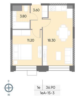 36,9 м², 1-комн. квартира, 3/30 этаж